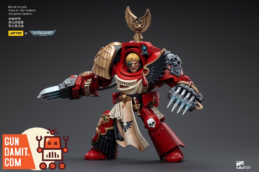 Close-up of Sergeant Santoro exposed blonde head with battle scream expression in red armor Close-up of Sergeant Santoro exposed blonde head with battle scream expression in red armor