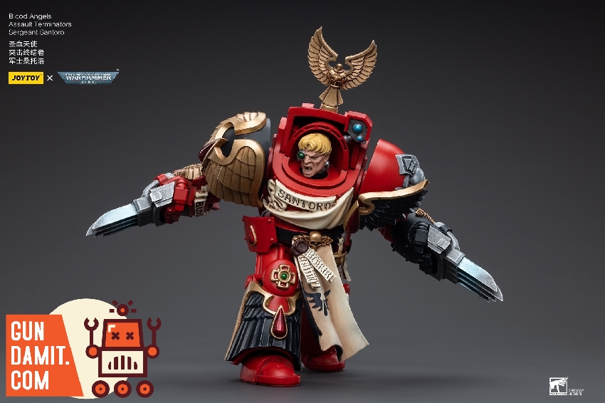 Sergeant Santoro in red Terminator armor with gold wing shoulder pad and Santoro name scroll Sergeant Santoro in red Terminator armor with gold wing shoulder pad and Santoro name scroll