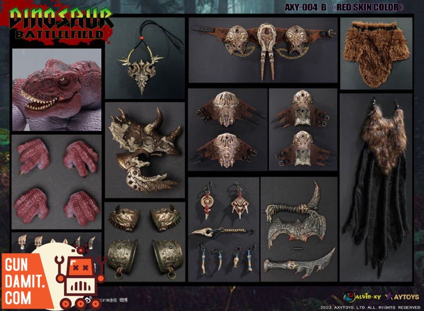 AXYTOYS Dinosaur Battlefield Tyrannosaurus Red Skin accessories layout showing head, armor, weapons, and cape AXYTOYS Dinosaur Battlefield Tyrannosaurus Red Skin accessories layout showing head, armor, weapons, and cape