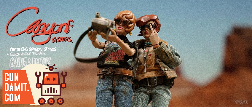 PES029 Canyon Sisters two figures back-to-back pose in wasteland setting PES029 Canyon Sisters two figures back-to-back pose in wasteland setting