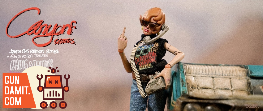 Canyon Sisters figure with punk hairstyle standing by desert vehicle Canyon Sisters figure with punk hairstyle standing by desert vehicle