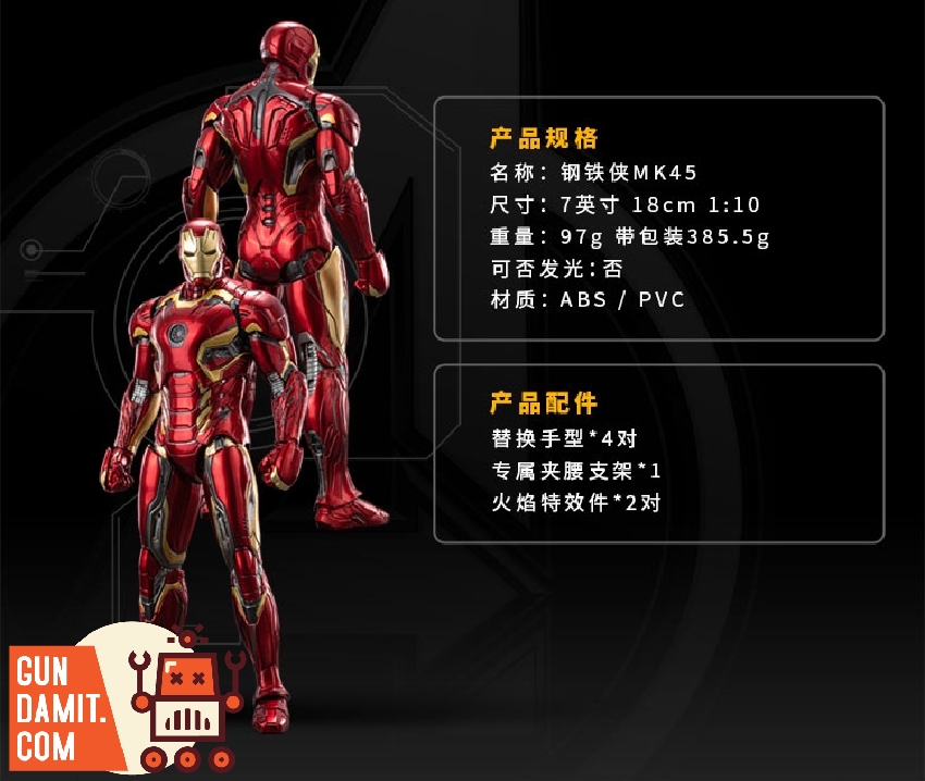 ZT Toys 1/10 Marvel Iron Man Mark 45 figure showing front and rear views of red and gold armor with specs ZT Toys 1/10 Marvel Iron Man Mark 45 figure showing front and rear views of red and gold armor with specs