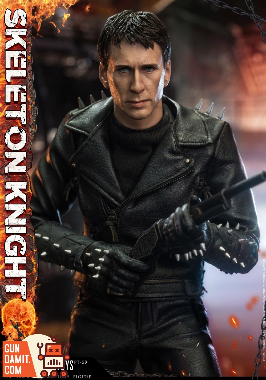 Skeleton Knight standing with chain wrapped around fist wearing studded leather gloves and jacket Skeleton Knight standing with chain wrapped around fist wearing studded leather gloves and jacket