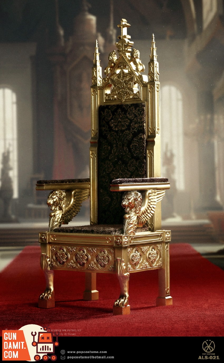 POP COSTUME 1/6 Throne close-up showing intricate carved details and lion armrests POP COSTUME 1/6 Throne close-up showing intricate carved details and lion armrests