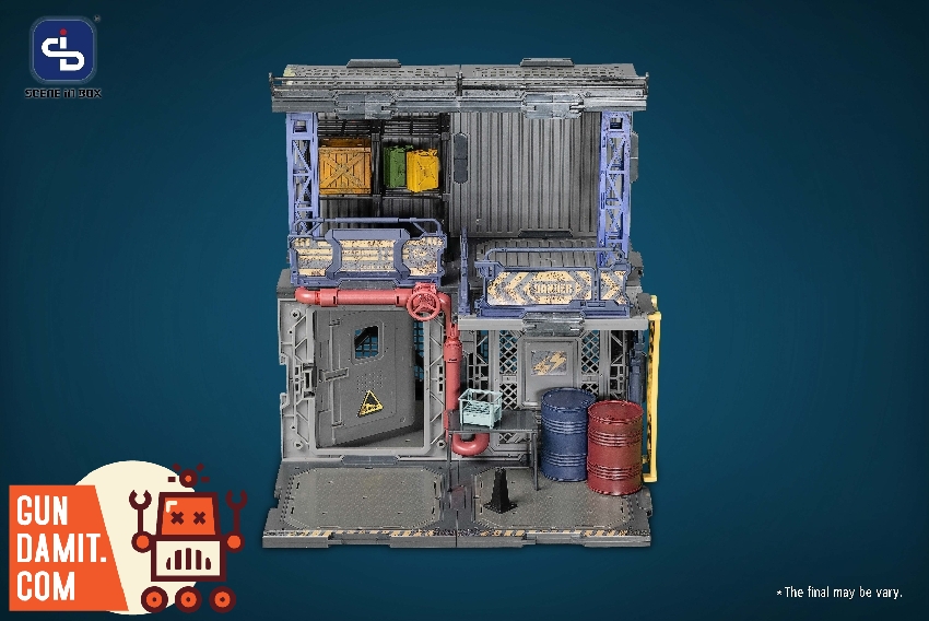 FreshRetro Scene In Box Bazzar diorama front view showing two-story industrial building with corrugated walls red piping and oil barrels FreshRetro Scene In Box Bazzar diorama front view showing two-story industrial building with corrugated walls red piping and oil barrels