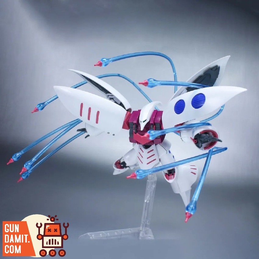 Front angle of Qubeley launching funnel missiles with curved blue effect parts spreading outward Front angle of Qubeley launching funnel missiles with curved blue effect parts spreading outward