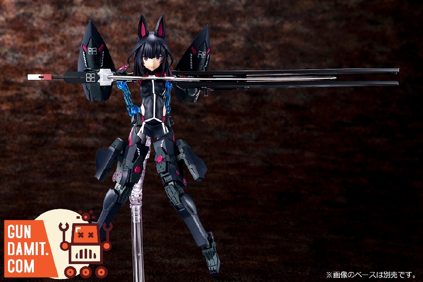 Kotobukiya Megami Device Kaede Agatsuma Kaiden in black ninja armor with cat ear headgear holding dual lances Kotobukiya Megami Device Kaede Agatsuma Kaiden in black ninja armor with cat ear headgear holding dual lances