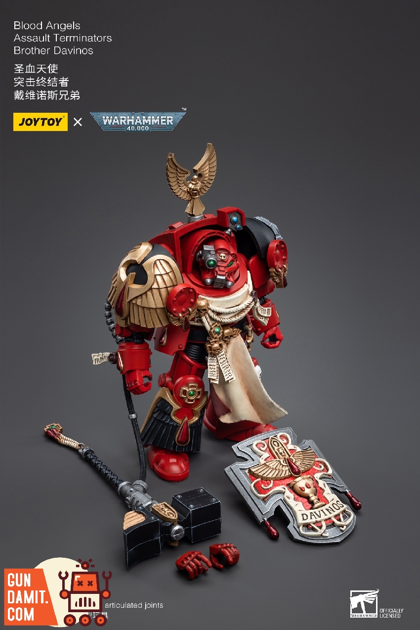 Brother Davinos in combat-ready stance wielding power mace with Blood Angels chapter banner shield Brother Davinos in combat-ready stance wielding power mace with Blood Angels chapter banner shield