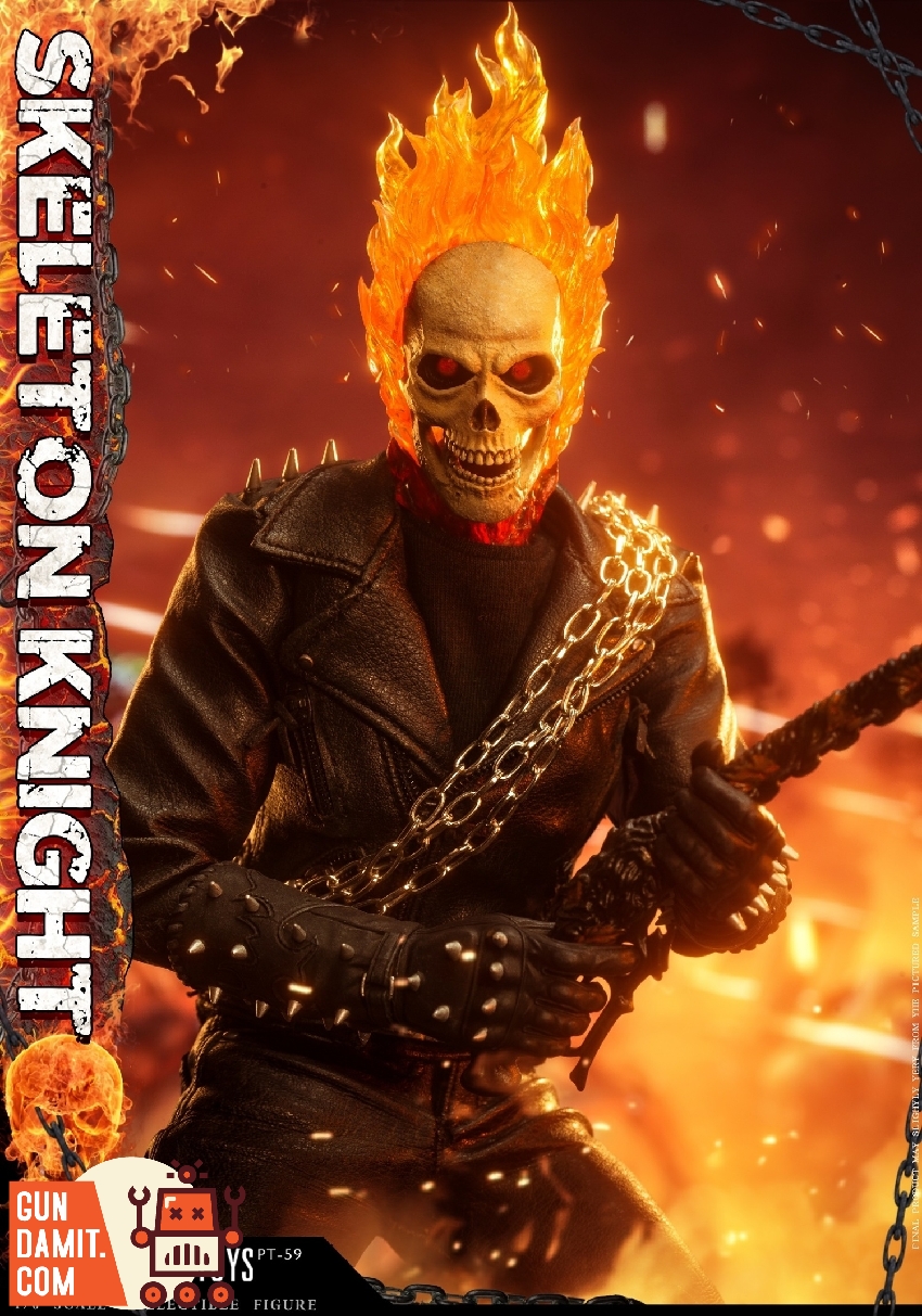 Present Toys 1/6 Skeleton Knight close-up with flaming skull head wearing spiked leather jacket and chains Present Toys 1/6 Skeleton Knight close-up with flaming skull head wearing spiked leather jacket and chains