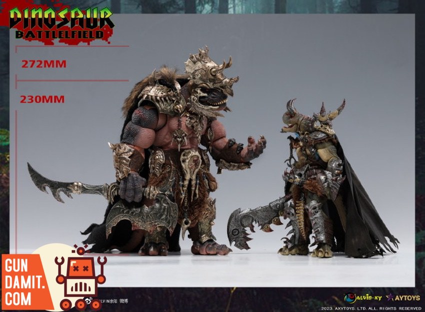 Red Skin Tyrannosaurus in full tribal warrior armor with curved blade and bone decorations Red Skin Tyrannosaurus in full tribal warrior armor with curved blade and bone decorations
