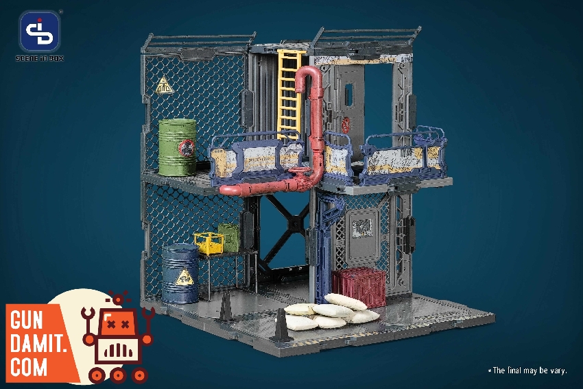 Rear angle view of Outpost showing scissor lift mechanism blue barrels and yellow caution signage Rear angle view of Outpost showing scissor lift mechanism blue barrels and yellow caution signage