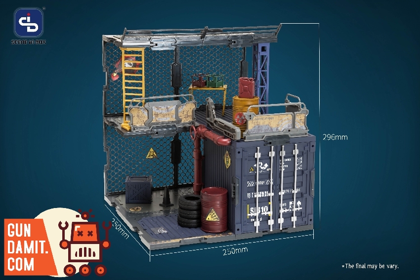 Container Warehouse diorama with dimension markings 250x250x296mm displaying full structure Container Warehouse diorama with dimension markings 250x250x296mm displaying full structure