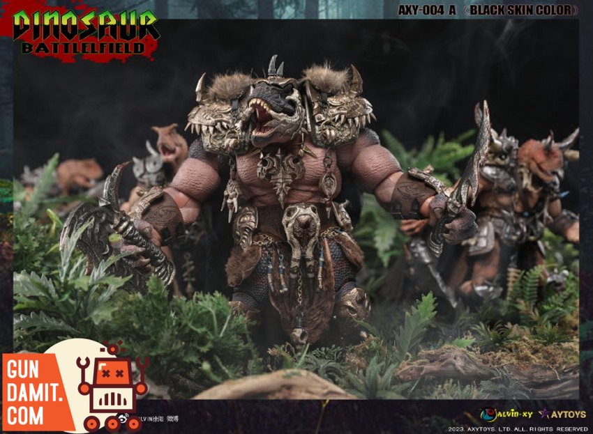 Black Skin Tyrannosaurus in aggressive stance wielding blade with skull pendant and bone decorations Black Skin Tyrannosaurus in aggressive stance wielding blade with skull pendant and bone decorations