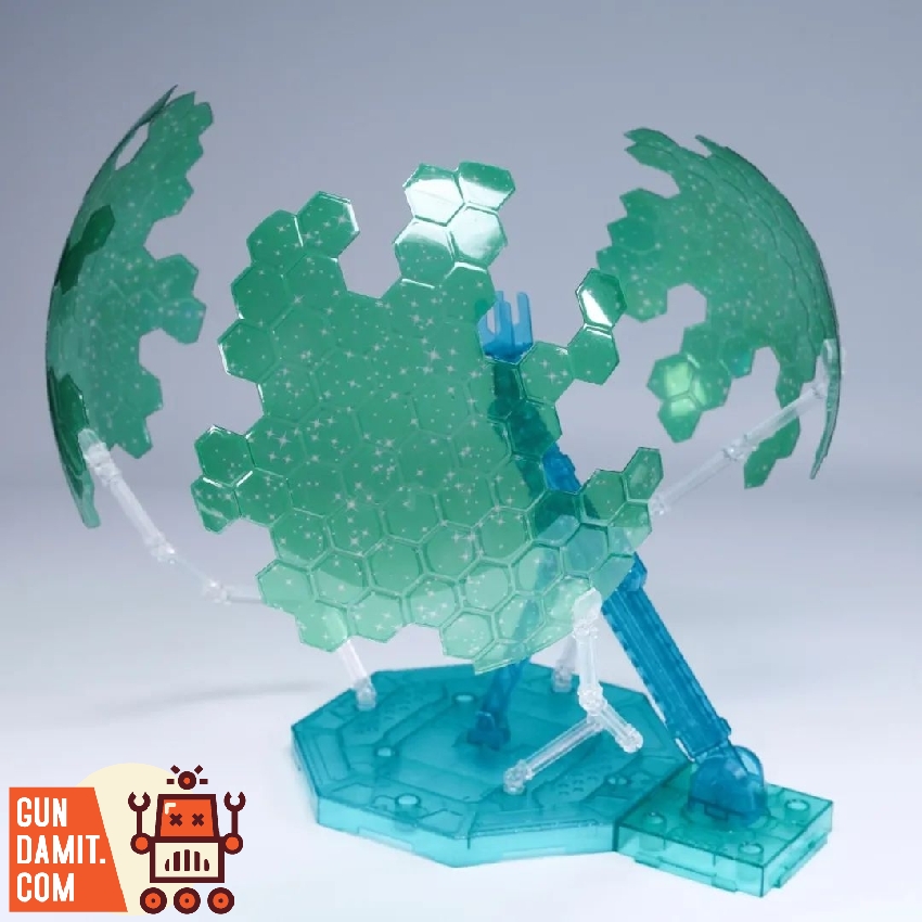 Force Shield effect parts close-up showing green translucent hexagonal panels forming spherical barrier Force Shield effect parts close-up showing green translucent hexagonal panels forming spherical barrier
