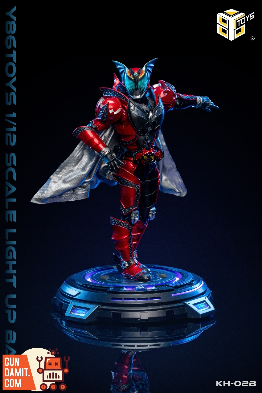 Red and black armored tokusatsu figure posed dynamically on glowing blue LED display base Red and black armored tokusatsu figure posed dynamically on glowing blue LED display base