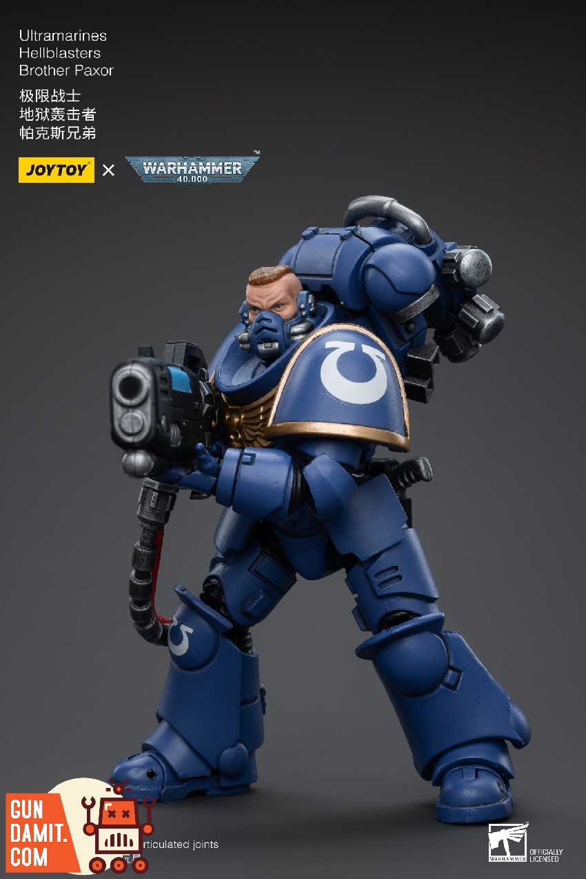 Brother Paxor aiming plasma incinerator with blue energy coils from standing combat position Brother Paxor aiming plasma incinerator with blue energy coils from standing combat position