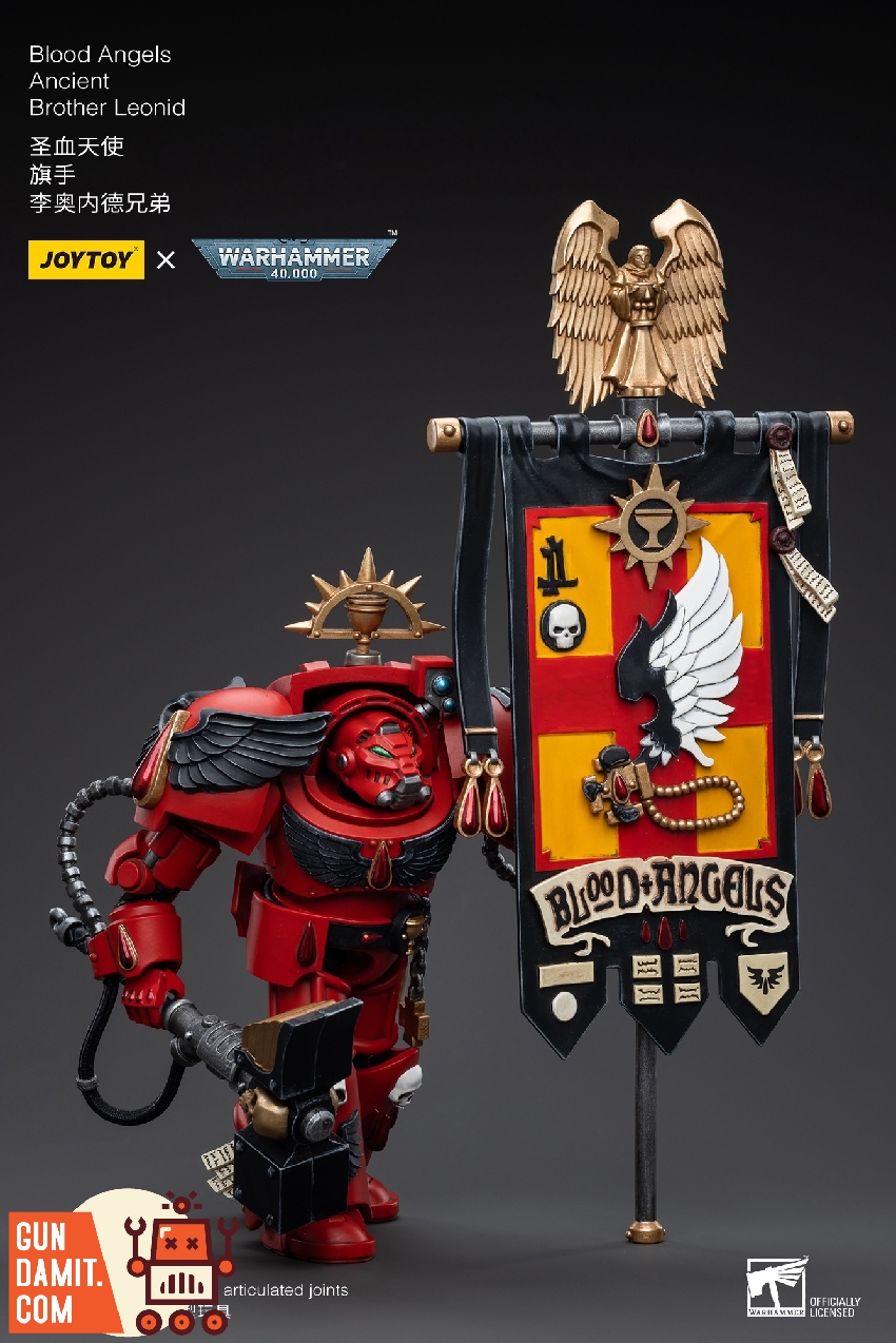 Brother Leonid in red Terminator armor carrying Blood Angels chapter banner with gold winged insignia Brother Leonid in red Terminator armor carrying Blood Angels chapter banner with gold winged insignia