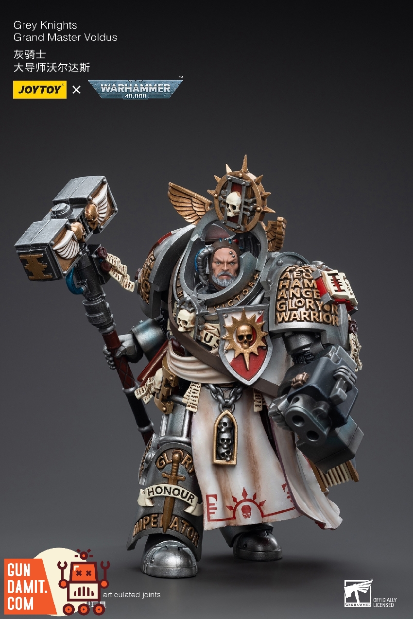 Three-quarter view of Grand Master Voldus showing detailed shoulder inscriptions and cape with hammer held high Three-quarter view of Grand Master Voldus showing detailed shoulder inscriptions and cape with hammer held high