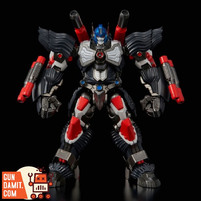 Front standing view of Optimus Primal robot showing blue head with faceplate and fur-textured dark armor Front standing view of Optimus Primal robot showing blue head with faceplate and fur-textured dark armor