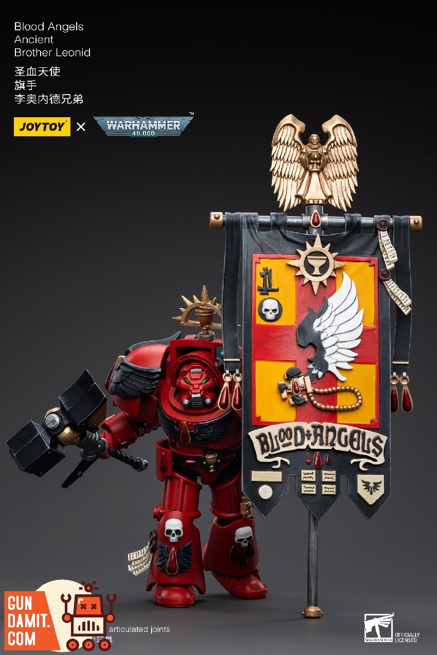 Brother Leonid in combat stance with banner raised and storm bolter arm extended in red armor Brother Leonid in combat stance with banner raised and storm bolter arm extended in red armor