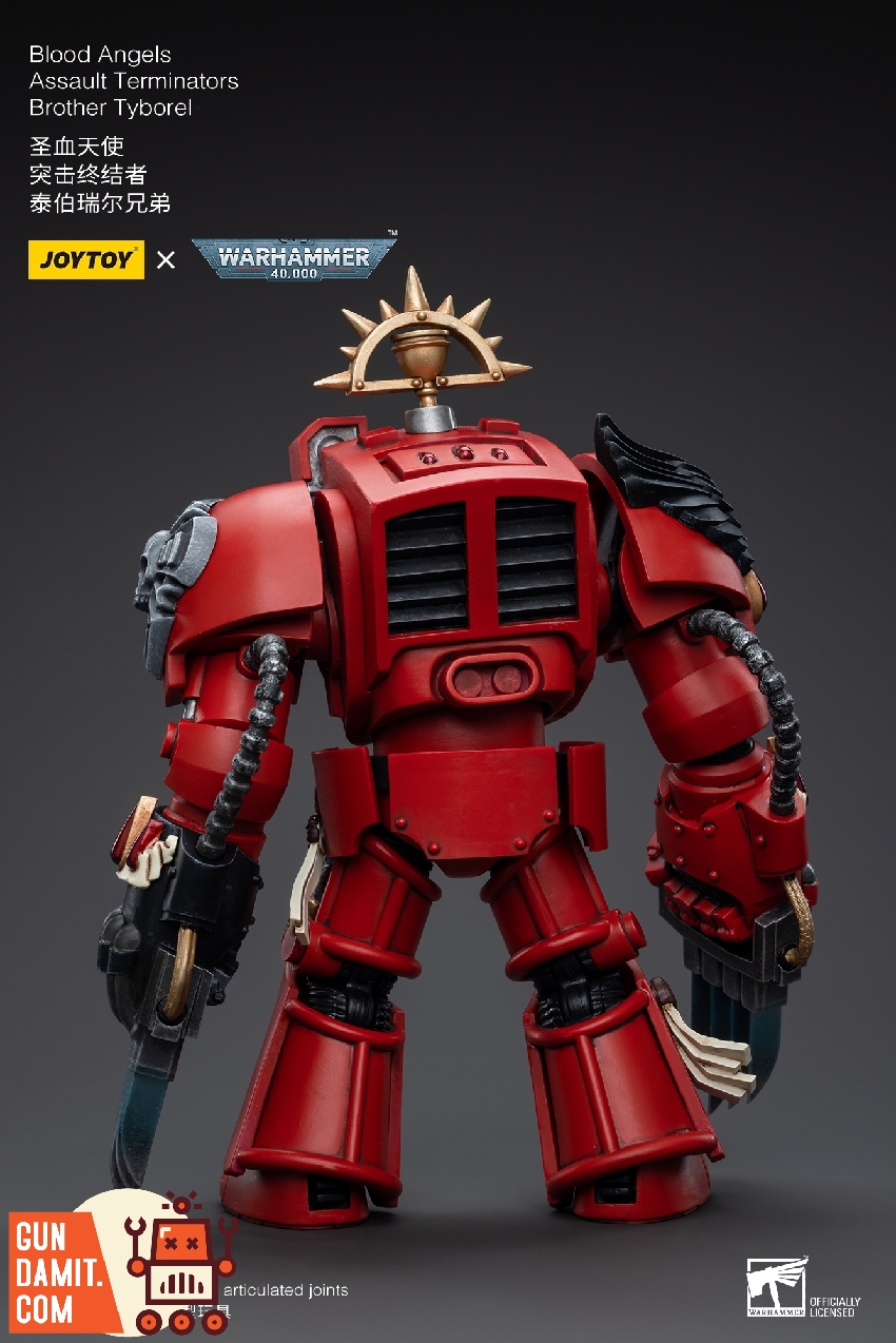 Brother Tyborel rear view showing Terminator backpack detail and red armor with black accents Brother Tyborel rear view showing Terminator backpack detail and red armor with black accents