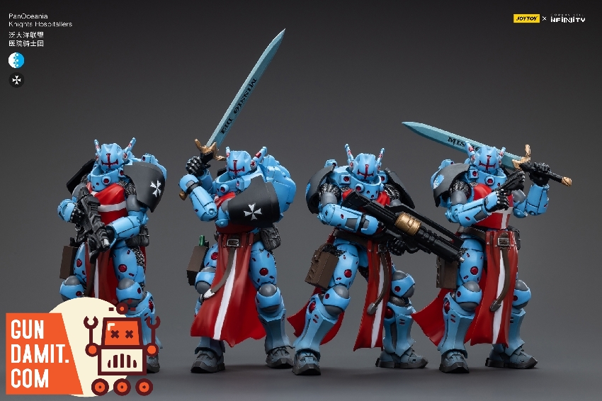 Knights Hospitallers Knight 1 in light blue armor with red cross markings holding heavy rifle Knights Hospitallers Knight 1 in light blue armor with red cross markings holding heavy rifle