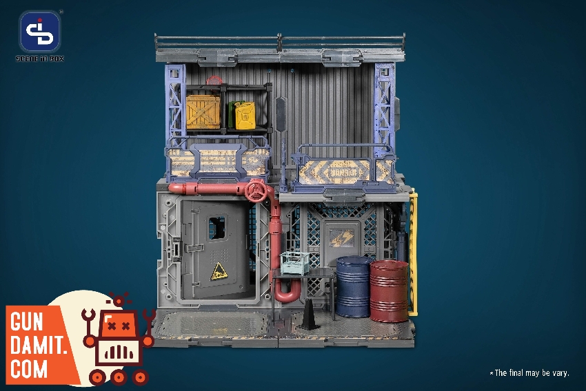Direct front view of Bazzar diorama building with red pipe system and weathered signage Direct front view of Bazzar diorama building with red pipe system and weathered signage