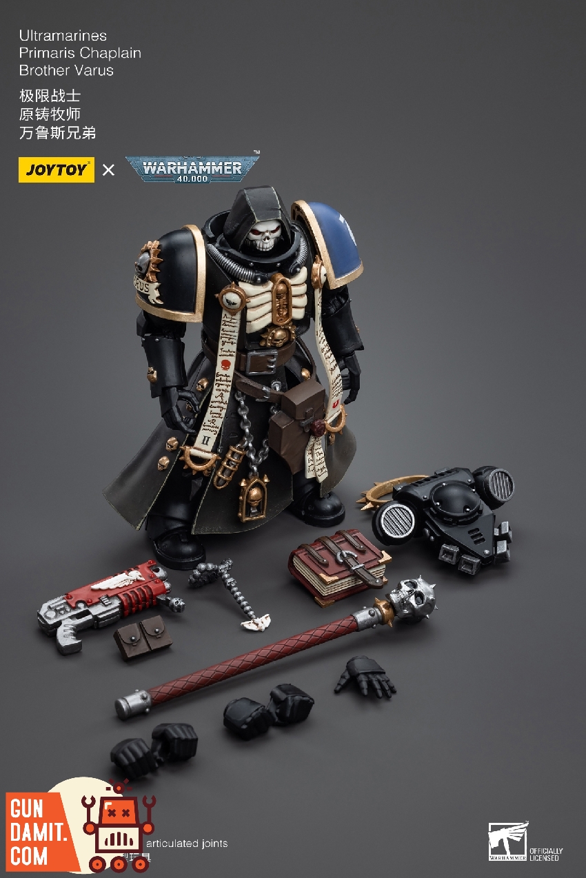 JoyToy 1/18 Ultramarines Primaris Chaplain Brother Varu accessories layout with figure, crozius, backpack, and hands JoyToy 1/18 Ultramarines Primaris Chaplain Brother Varu accessories layout with figure, crozius, backpack, and hands