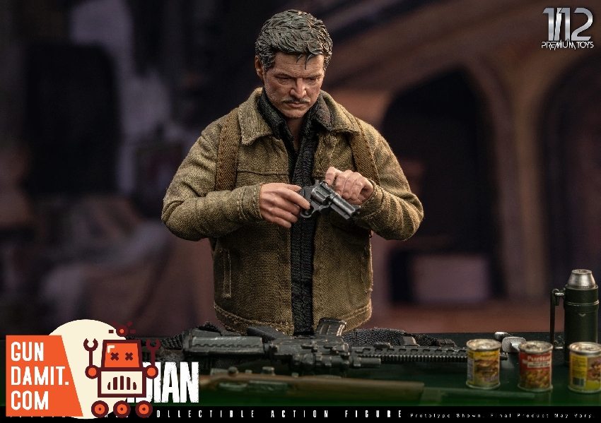 Premium Toys 1/12 The Guardian figure in brown corduroy jacket checking revolver with survival gear on table Premium Toys 1/12 The Guardian figure in brown corduroy jacket checking revolver with survival gear on table