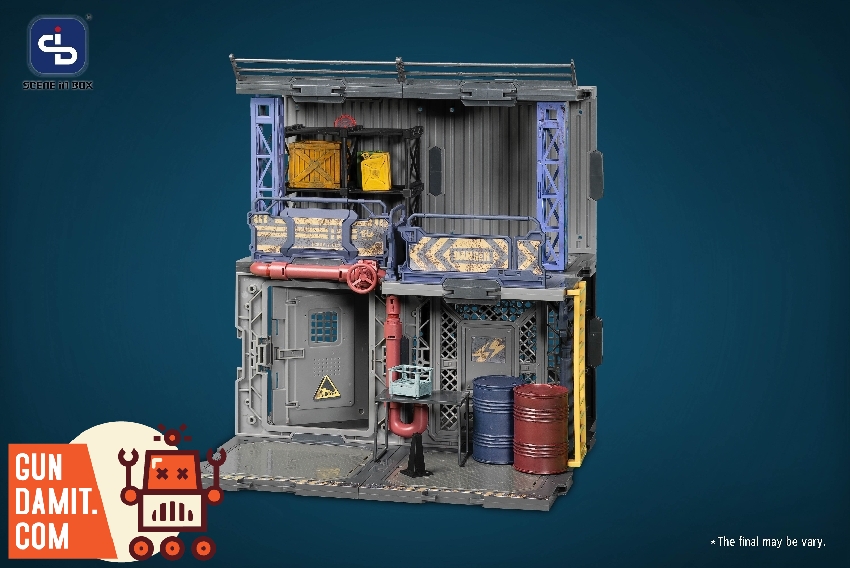 Front view of Bazzar diorama with heavy industrial door hazard signs and stacked supply crates on upper level Front view of Bazzar diorama with heavy industrial door hazard signs and stacked supply crates on upper level