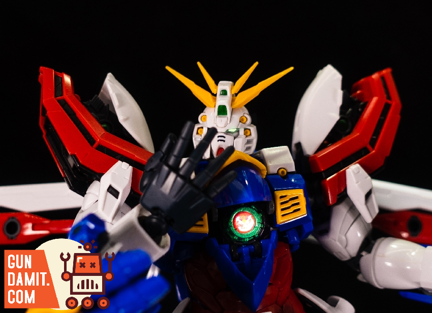 MJH God Gundam close-up upper body showing detailed chest crest and head fins MJH God Gundam close-up upper body showing detailed chest crest and head fins