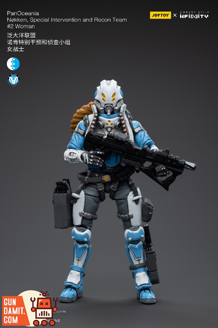 JoyToy 1/18 Infinity PanOceania Nokken female soldier in white and blue armor holding assault rifle JoyToy 1/18 Infinity PanOceania Nokken female soldier in white and blue armor holding assault rifle