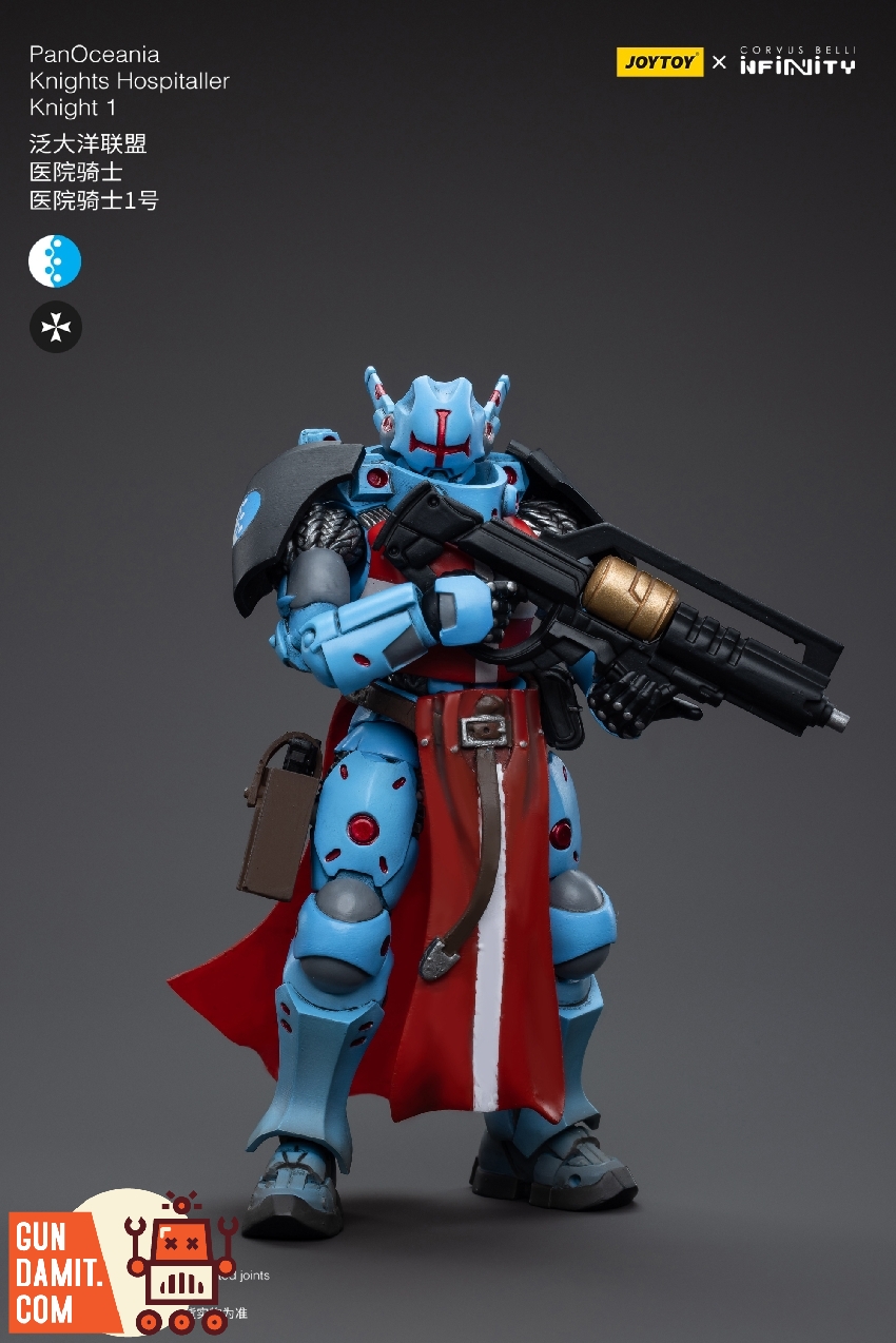 Knights Hospitallers Knight with sword raised in dynamic pose wearing blue armor with Maltese cross Knights Hospitallers Knight with sword raised in dynamic pose wearing blue armor with Maltese cross