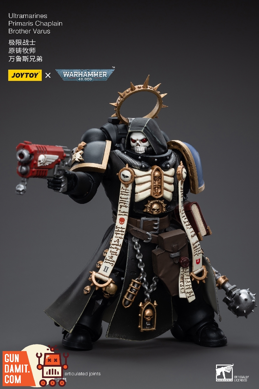 Brother Varu in combat stance swinging crozius arcanum with purity seals and bone decoration visible Brother Varu in combat stance swinging crozius arcanum with purity seals and bone decoration visible