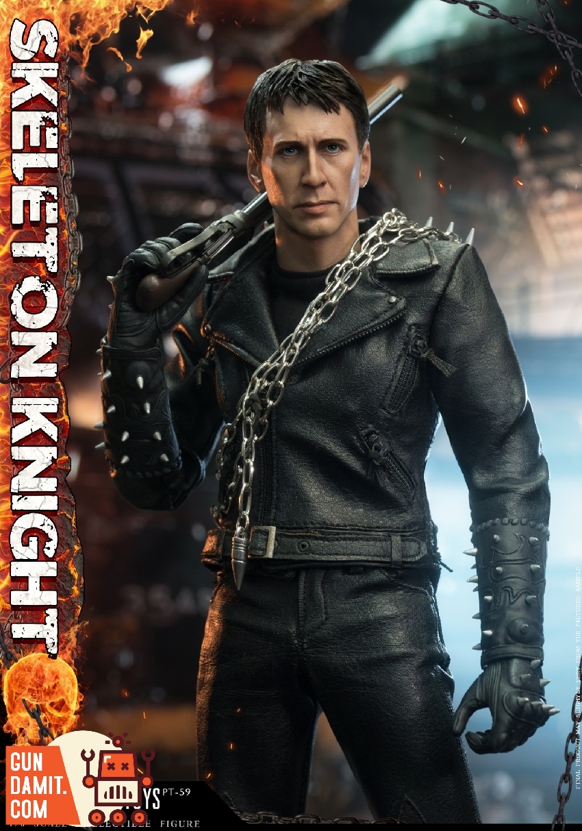 Skeleton Knight rear view showing spiked leather jacket back detail and chain accessories Skeleton Knight rear view showing spiked leather jacket back detail and chain accessories