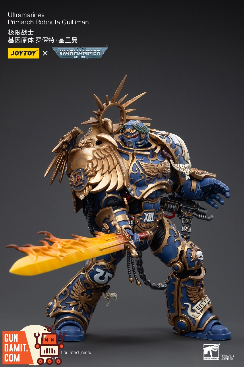 Primarch Guilliman swinging blazing sword forward showing detailed XIII legion markings on blue power armor Primarch Guilliman swinging blazing sword forward showing detailed XIII legion markings on blue power armor