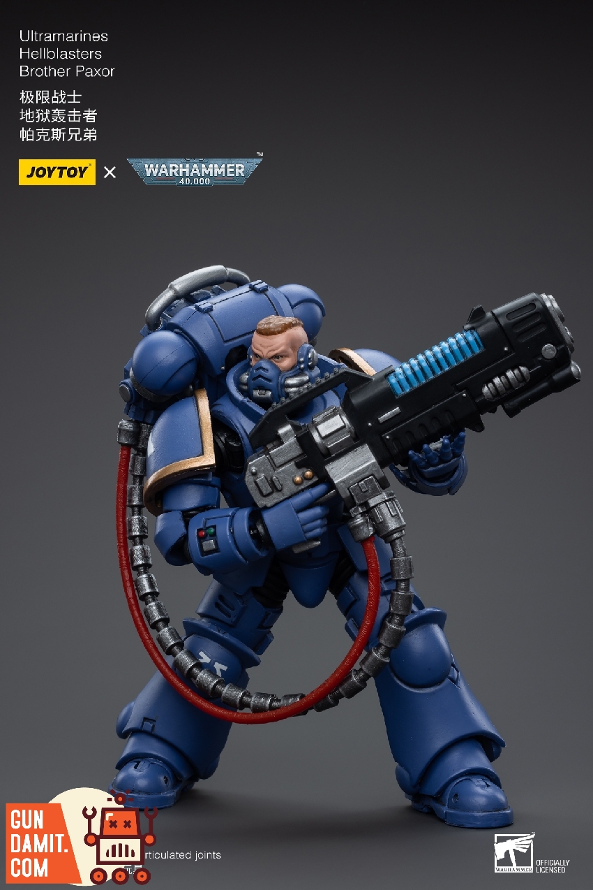 Brother Paxor in helmeted combat pose holding plasma incinerator at hip level in blue armor Brother Paxor in helmeted combat pose holding plasma incinerator at hip level in blue armor
