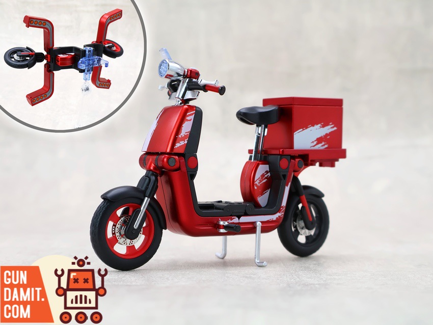 Fext Hobby GB-01 red scooter bike side view with delivery box and transformation inset Fext Hobby GB-01 red scooter bike side view with delivery box and transformation inset