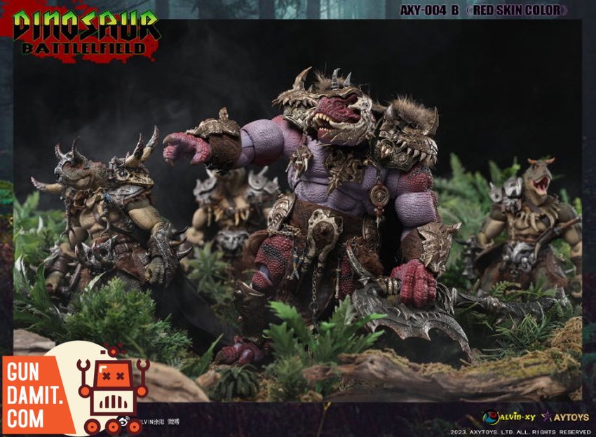 Three Tyrannosaurus warriors in different color variants standing together in battle-ready group pose Three Tyrannosaurus warriors in different color variants standing together in battle-ready group pose