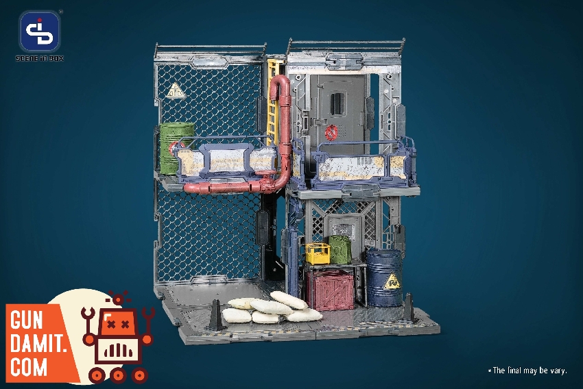 Three-quarter angle of Outpost diorama with sandbags hazmat barrels and upper level catwalk with piping Three-quarter angle of Outpost diorama with sandbags hazmat barrels and upper level catwalk with piping
