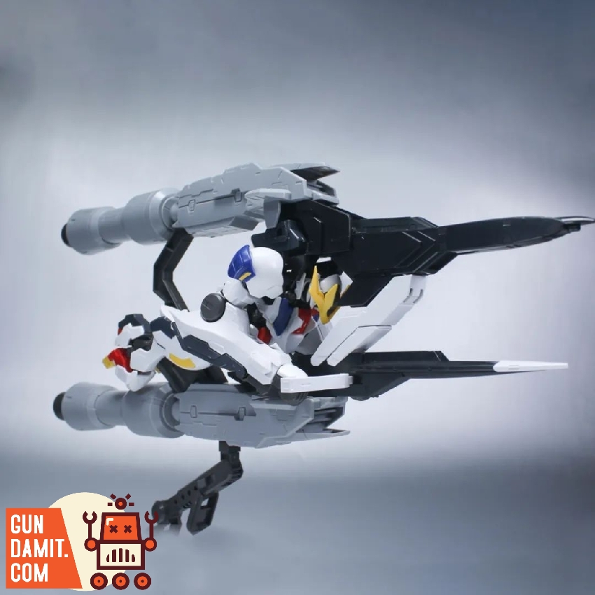 IBO Gundam riding weapon platform in flight configuration with dual barrel cannon equipped IBO Gundam riding weapon platform in flight configuration with dual barrel cannon equipped