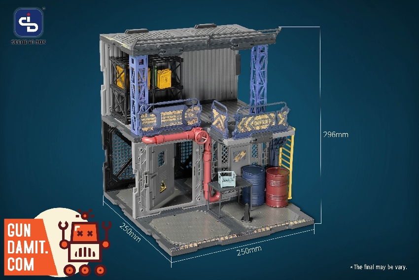 Bazzar diorama with dimension markings 250x250x796mm showing angled view of market structure with storage crates Bazzar diorama with dimension markings 250x250x796mm showing angled view of market structure with storage crates