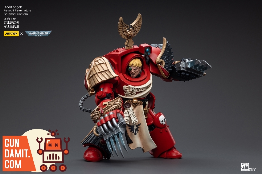 JoyToy 1/18 Blood Angels Assault Terminator Sergeant Santoro with exposed head wielding lightning claws JoyToy 1/18 Blood Angels Assault Terminator Sergeant Santoro with exposed head wielding lightning claws