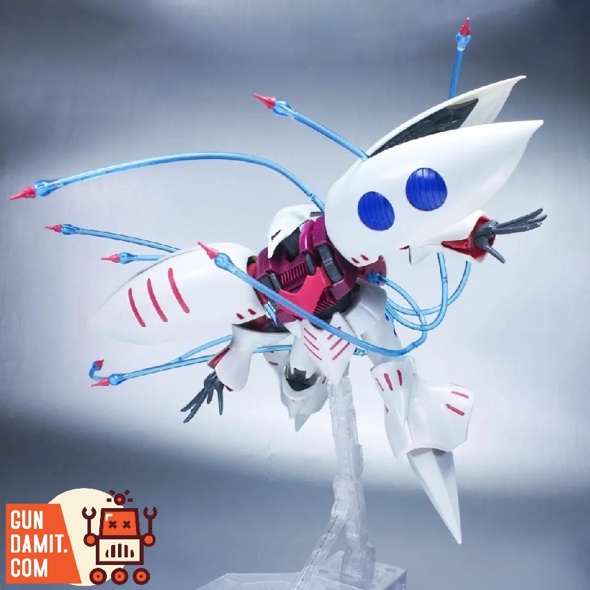 Qubeley Gundam with funnel missile effects deployed showing white pink body with blue beam trails Qubeley Gundam with funnel missile effects deployed showing white pink body with blue beam trails