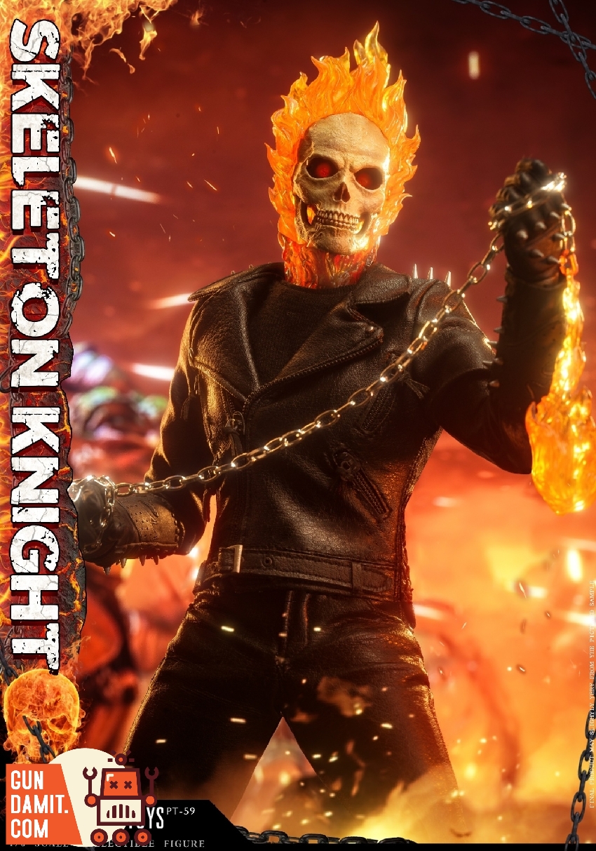 Skeleton Knight full body in black leather biker outfit holding hellfire chain whip with flames Skeleton Knight full body in black leather biker outfit holding hellfire chain whip with flames