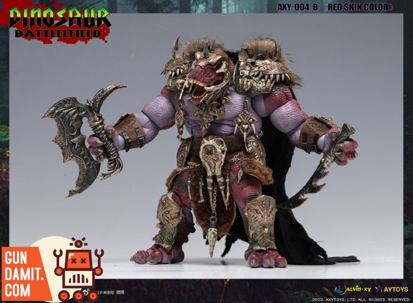 Red Skin Tyrannosaurus warrior close-up showing reddish-pink scaled head with fierce jaw expression Red Skin Tyrannosaurus warrior close-up showing reddish-pink scaled head with fierce jaw expression