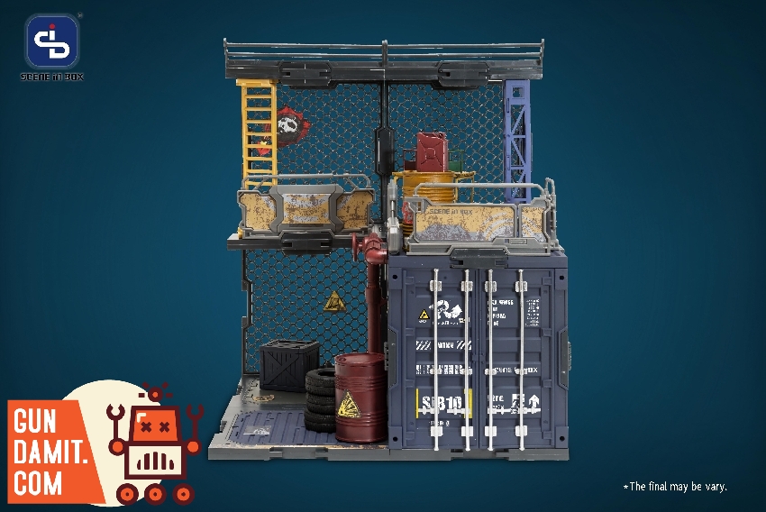 Front straight view of Container Warehouse showing detailed weathering on shipping container and supply storage area Front straight view of Container Warehouse showing detailed weathering on shipping container and supply storage area