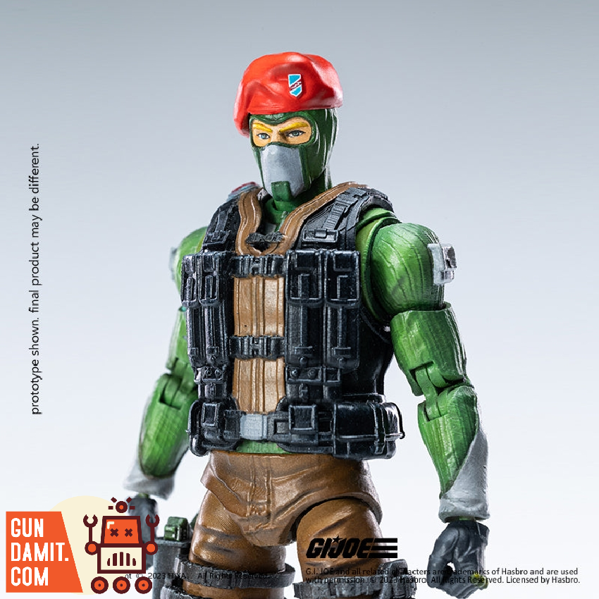 Close-up upper body portrait of Beach Head wearing green balaclava and signature red beret Close-up upper body portrait of Beach Head wearing green balaclava and signature red beret
