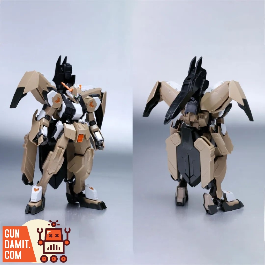 Front and rear comparison view of IBO Gundam with TX weapons upgrade showing tan black and white color scheme Front and rear comparison view of IBO Gundam with TX weapons upgrade showing tan black and white color scheme
