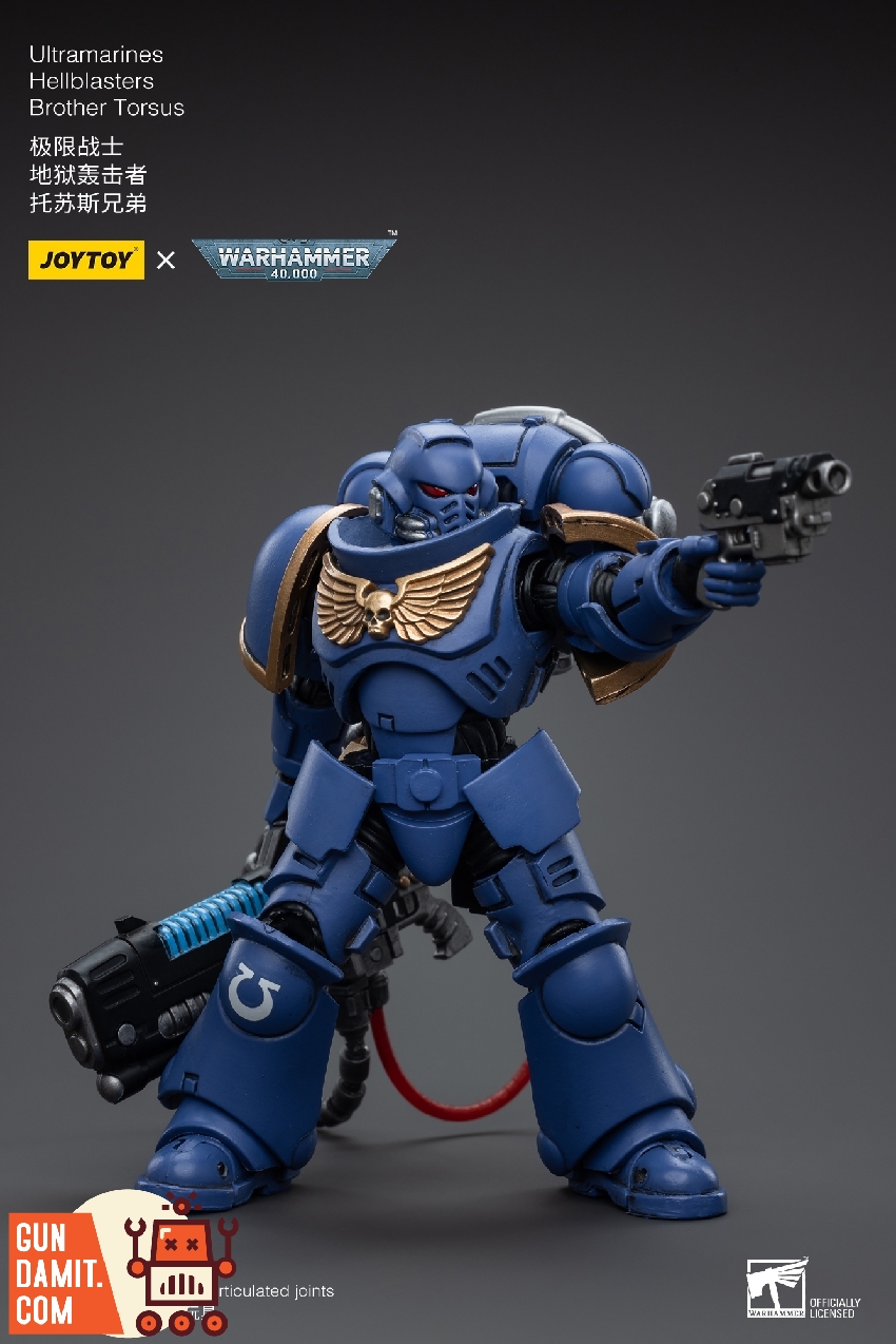 Brother Torsus in helmeted crouching stance holding bolt pistol and plasma incinerator at hip level Brother Torsus in helmeted crouching stance holding bolt pistol and plasma incinerator at hip level